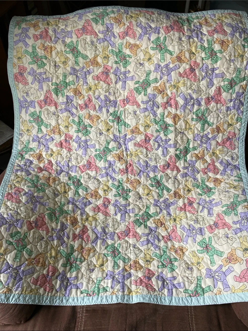 Pastel Teddy Bear Patchwork Baby Quilt - Soft Multicolor